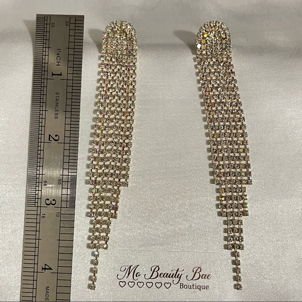 Gold Rhinestone Drop Earrings - Picture 3 of 6